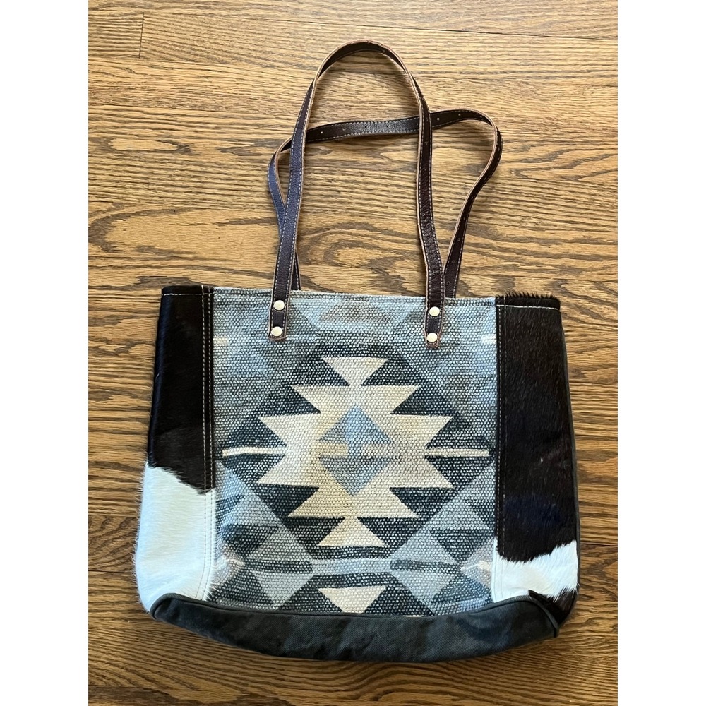 Myra Bag Southwestern Kilim Canvas Cowhide Leather Tote Bag Gray Brown Large